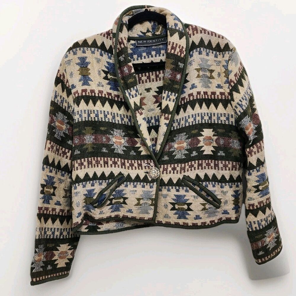 Vtg New Identity Southwestern Tapestry Blanket Jacket Cropped Aztec Woven Boho S